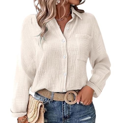 Bluse Damen Sommer Musselin Bluse Damens Langarm Lässig Hemd V Schnitt Up Ärmel Button Down Bluses Tops mit Tasche Lady (DE/NL/SE/PL, Alphanumerisch, S, Regular, Regular, Apricot) von Generisch