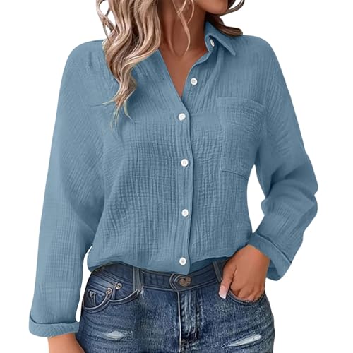 Bluse Damen Sommer Musselin Bluse Damens Langarm Lässig Hemd V Schnitt Up Ärmel Button Down Bluses Tops mit Tasche Lady (DE/NL/SE/PL, Alphanumerisch, S, Regular, Regular, Blau) von Generisch
