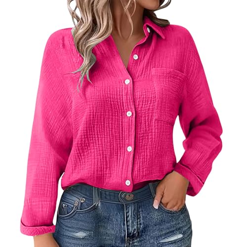Bluse Damen Sommer Musselin Bluse Damens Langarm Lässig Hemd V Schnitt Up Ärmel Button Down Bluses Tops mit Tasche Lady (DE/NL/SE/PL, Alphanumerisch, XL, Regular, Regular, Rot) von Generisch