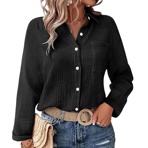 Bluse Damen Sommer Musselin Bluse Damens Langarm Lässig Hemd V Schnitt Up Ärmel Button Down Bluses Tops mit Tasche Lady (DE/NL/SE/PL, Alphanumerisch, XL, Regular, Regular, Schwarz) von Generisch