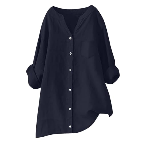 Bluse Damen elegant, Blusen & Tuniken Für - leinenbluse Sommer leinenhemd große größen Button-Down Übergröße Hemd V-Ausschnitt Langarm Elegant Atmungsaktive Freizeithemd Lose Shirts Mit Brusttaschen von Generisch