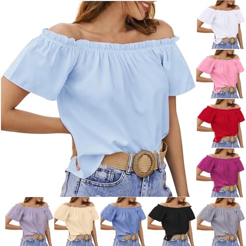 Bluse Kurzarm Damen Renaissance Trachtenbluse Mittelalter Schulterfrei Rüschenbluse Musselin Hemd Solide Top Elegant Tuniken Sommer Oberteile Casual Weiß Oberteile von Generisch