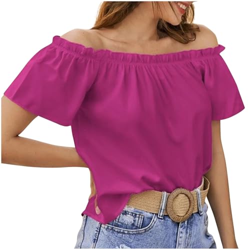 Bluse Kurzarm Damen Renaissance Trachtenbluse Mittelalter Schulterfrei Rüschenbluse Musselin Hemd Solide Top Elegant Tuniken Sommer Oberteile Casual Weiß Oberteile von Generisch