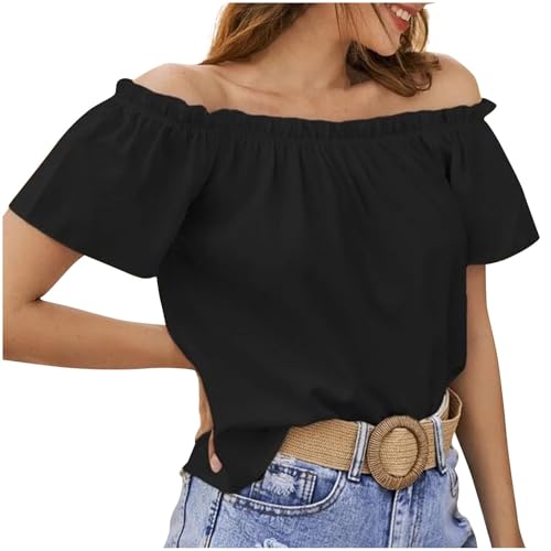 Bluse Kurzarm Damen Renaissance Trachtenbluse Mittelalter Schulterfrei Rüschenbluse Musselin Hemd Solide Top Elegant Tuniken Sommer Oberteile Casual Weiß Oberteile von Generisch