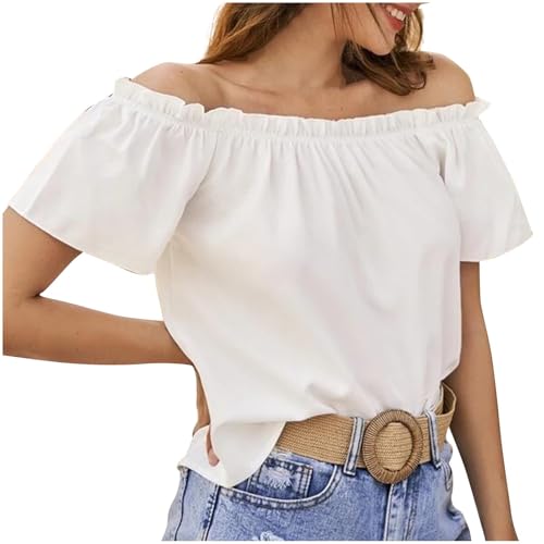 Bluse Kurzarm Damen Renaissance Trachtenbluse Mittelalter Schulterfrei Rüschenbluse Musselin Hemd Solide Top Elegant Tuniken Sommer Oberteile Casual Weiß Oberteile von Generisch