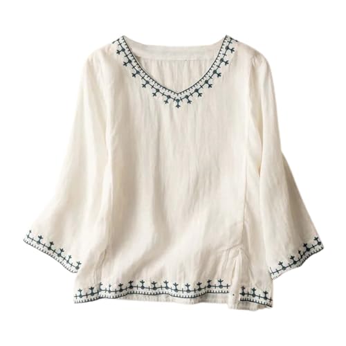 Bluse aus Baumwolle und Leinen, kurzärmlig, für Damen, Blusen, locker, Rundhalsausschnitt, Tunika, Sommer, Boho, Folklore, Vintage, Stickerei, Top, locker, atmungsaktiv, T-Shirt, große Größe, günstig, von Generisch