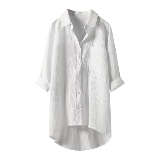 Bluse Damen Langarm Blusen & Tuniken Für leinenbluse Sommer leinenhemd große größen Button-Down Übergröße Hemd V-Ausschnitt Elegant Atmungsaktive Freizeithemd Lose Shirts Mit Brusttaschen von Generisch