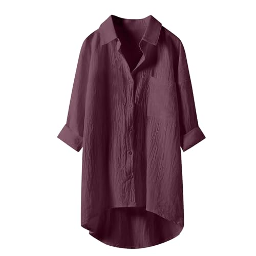 Bluse Damen, Blusen & Tuniken Für Damen - leinenbluse Sommer leinenhemd große größen Button-Down Übergröße Hemd V-Ausschnitt Langarm Elegant Atmungsaktive Freizeithemd Lose Shirts Mit Brusttaschen von Generisch