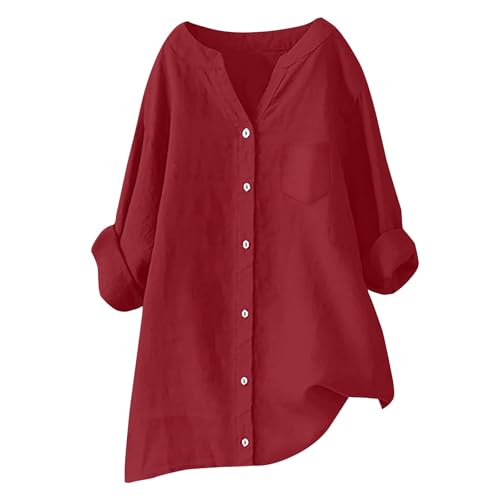 Blusen Tuniken Für Damen Leinenbluse Sommer Leinenhemd Große Größen Button-Down Übergröße Hemd V-Ausschnitt Langarm Elegant Freizeithemd Shirts Mit Brusttaschen von Generisch