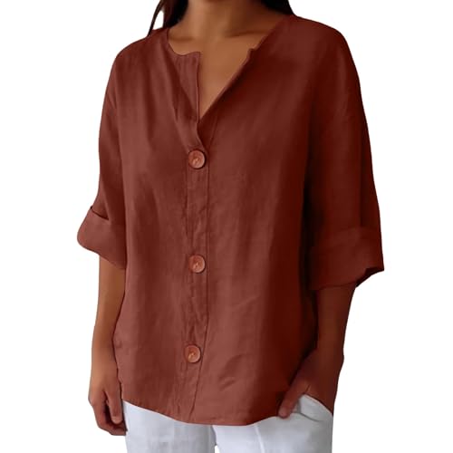 Blusen Tuniken für Damen Leinen 3/4 arm Leinenbluse Damen Elegant Kurzarm Baumwolle Leinen Tshirt Lässiges Musselin Oberteile Button Down Bequem Leichte Hemdbluse Loose Fit Sommerhemd von Generisch