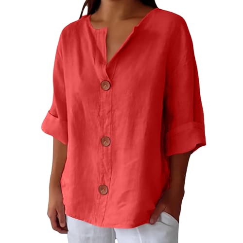 Blusen Tuniken für Damen Leinen 3/4 arm Leinenbluse Damen Elegant Kurzarm Baumwolle Leinen Tshirt Lässiges Musselin Oberteile Button Down Bequem Leichte Hemdbluse Loose Fit Sommerhemd von Generisch
