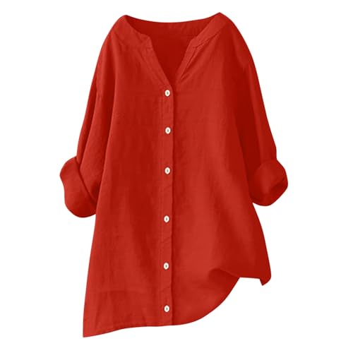 Blusen Tuniken für Damen Leinen Langarmshirt Musselin Bluse Casual Oberteile Große Größen Tops Elegante Blusenshirt Lang V Ausschnitt Tunika Shirt Freizeithemd Mode Longbluse Oversized Longbluse von Generisch