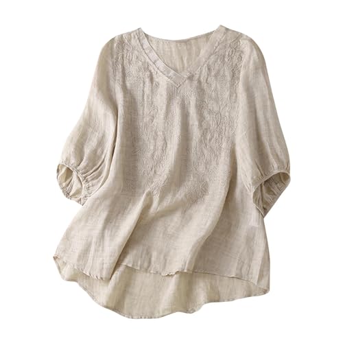 Blusen Tuniken für Damen Modisch Licht Hemdbluse V-Ausschnitt Leinenhemd Baumwolle Und Leinen Kurzarm Bestickte Hemden Halbarm Freizeitoberteile Vintage Boho Tops Oversized Oberteil von Generisch