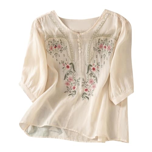 Blusen Tuniken für Damen Modisch Licht Hemdbluse V-Ausschnitt Leinenhemd Baumwolle Und Leinen Kurzarm Bestickte Hemden Halbarm Freizeitoberteile Vintage Boho Tops Oversized Oberteil von Generisch