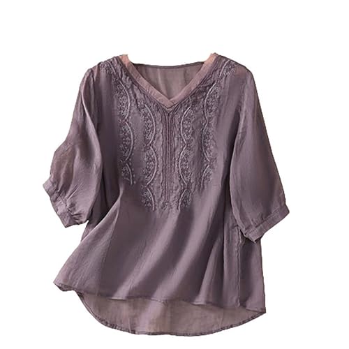 Blusen Tuniken für Damen Modisch Licht Hemdbluse V-Ausschnitt Leinenhemd Baumwolle Und Leinen Kurzarm Bestickte Hemden Halbarm Freizeitoberteile Vintage Boho Tops Oversized Oberteil von Generisch