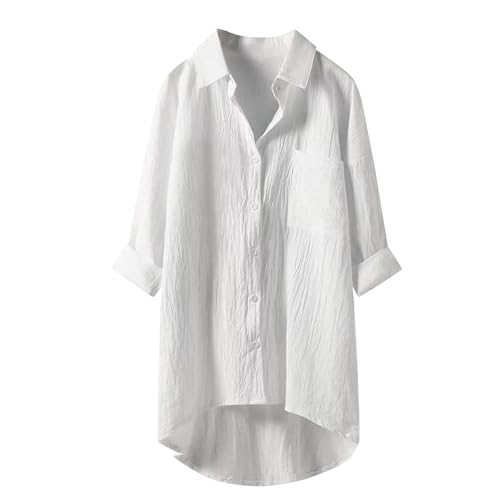 Blusen & Tuniken Für Damen Musselin Bluse Leinen Baumwolle Longbluse Sommer Übergröße Leinenbluse Button-Down Tunika Lässiges Hemd Elegant Atmungsaktive Freizeithemd Lose Shirts Mit Brusttaschen von Generisch