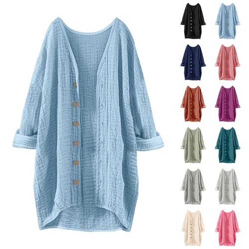 Blusen & Tuniken Für Damen Musselin Bluse Leinen Baumwolle Longbluse Sommer Übergröße Leinenbluses Button-Down Tunika Lässiges Hemd Elegant Atmungsaktive Freizeithemd Lose Shirts Mit Brusttaschen von Generisch