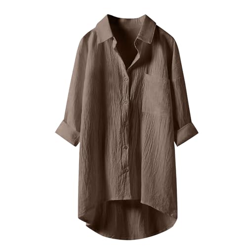 Blusen & Tuniken Für Damen Musselin Hemd Damen Oversize Leinen Baumwolle Longbluse Hemd Button-Down Tunika Lässiges Atmungsaktive Freizeithemd Musselin Blusen Lose Shirts(Khaki,M) von Generisch