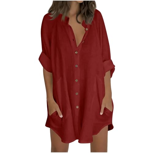 Blusen & Tuniken für Damen 3/4 Ärmel Musselin Bluse Damen Oversized Sommer Hemdbluse Baumwolle Longbluse Langarm Modern Oberteile Long Shirt Elegant Hemd Bluse Casual Locker Langarmshirt Tuniken von Generisch