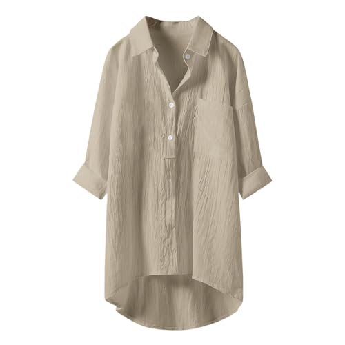 Blusenkleid Damen,Lang Langarm Bluse Musselin Bluse Leinen Baumwolle Longbluse Sommerblusen Damen Leicht und Luftig mit Button-Down Sommer Freizeithemd Elegant Einfarbig Tops mit Brusttaschen von Generisch