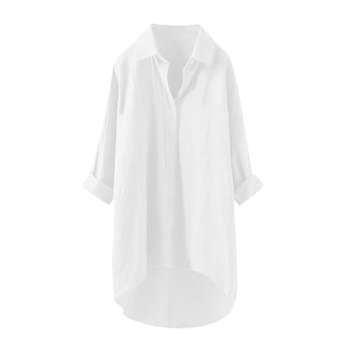 Blusenkleid Damen,Lang Langarm Bluse Musselin Bluse Leinen Baumwolle Longbluse Sommerblusen Damen Leicht und Luftig mit Button-Down Sommer Freizeithemd Elegant Einfarbig Tops mit Brusttaschen von Generisch