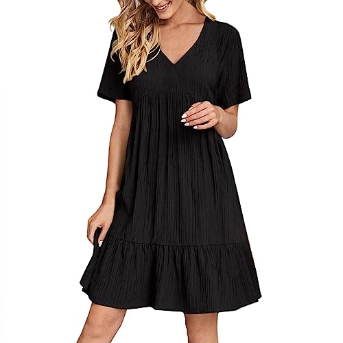 Blusenkleid Damen Langarm A-Linie, einfarbig, fließend, lässig, sexy, dünn, Rüschen, solide Minikleider (AC-Black, M) von Generisch