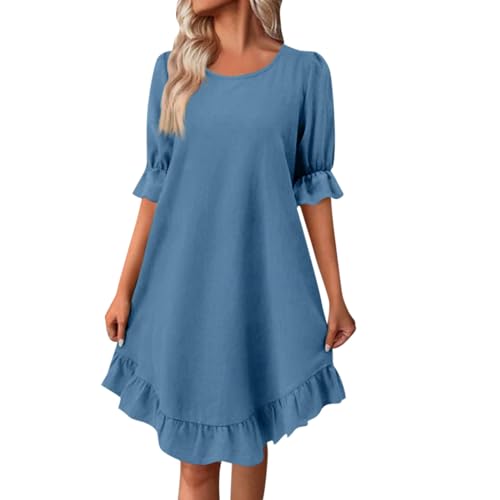 Blusenkleid Damen Sommer Knielang Rüschen Sommerkleid Damen Elegant Halbarm Sommerkleider Damen Leicht Und Luftig Kleider Sommer Volant A Linie Kleid Frauen Rundhals Strandkleid Schlichte von Generisch