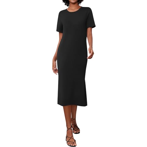 Blusenkleid Damen Sommer Kurzarm Lang Sommerkleid Damen Leicht mit Schlitz Midi Kleider Sommer Elegant Sommerkleider Leicht Und Luftig Tunika Kleid Frauen Lange Shirtkleid Rundhals Einfarbig von Generisch