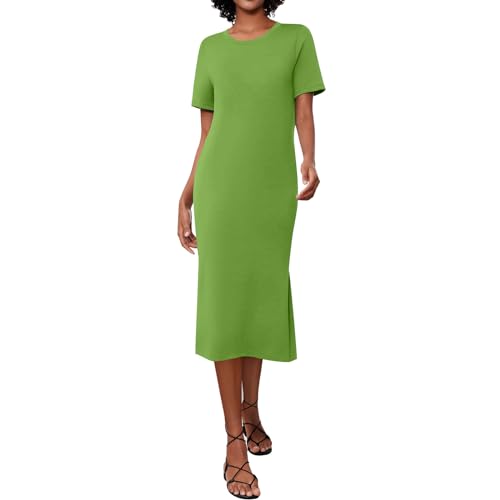 Blusenkleid Damen Sommer Kurzarm Lang Sommerkleid Damen Leicht mit Schlitz Midi Kleider Sommer Elegant Sommerkleider Leicht Und Luftig Tunika Kleid Frauen Lange Shirtkleid Rundhals Einfarbig von Generisch