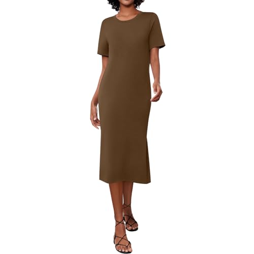 Blusenkleid Damen Sommer Kurzarm Lang Sommerkleid Damen Leicht mit Schlitz Midi Kleider Sommer Elegant Sommerkleider Leicht Und Luftig Tunika Kleid Frauen Lange Shirtkleid Rundhals Einfarbig von Generisch