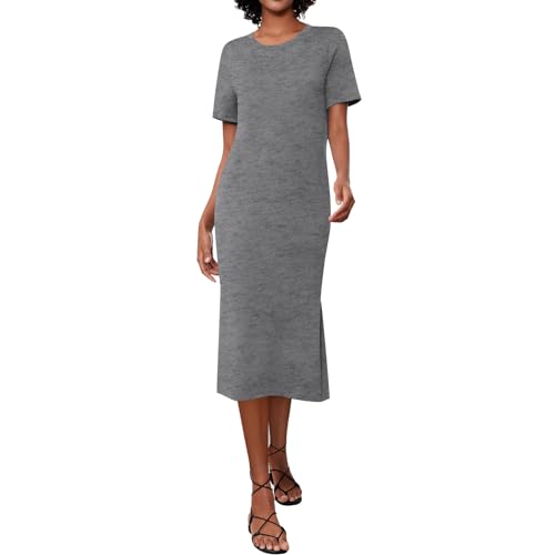 Blusenkleid Damen Sommer Kurzarm Lang Sommerkleid Damen Leicht mit Schlitz Midi Kleider Sommer Elegant Sommerkleider Leicht Und Luftig Tunika Kleid Frauen Lange Shirtkleid Rundhals Einfarbig von Generisch