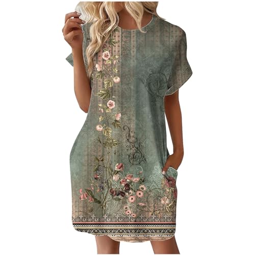 Blusenkleid Elegant Kurz Damen Kleid Sommer Boho Sommerkleid Kurzarm Locker Sommerkleider Damen Leicht Und Luftig Kleider Frauen mit Taschen Tunika Kleid Bohemian Strandkleid Rundhals Casual von Generisch