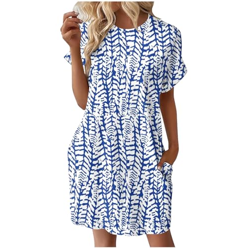 Blusenkleid Elegant Kurz Damen Kleid Sommer Boho Sommerkleid Kurzarm Locker Sommerkleider Damen Leicht Und Luftig Kleider Frauen mit Taschen Tunika Kleid Bohemian Strandkleid Rundhals Casual von Generisch