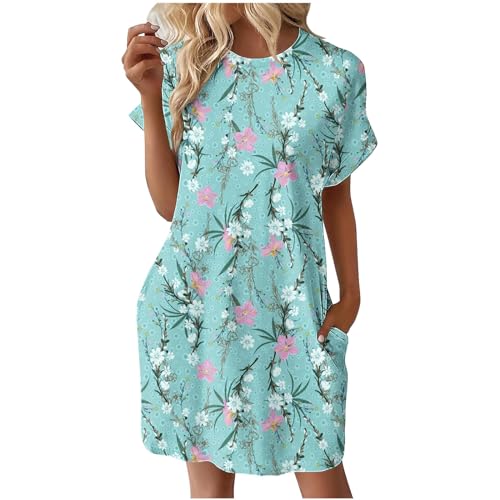 Blusenkleid Elegant Kurz Damen Kleid Sommer Boho Sommerkleid Kurzarm Locker Sommerkleider Damen Leicht Und Luftig Kleider Frauen mit Taschen Tunika Kleid Bohemian Strandkleid Rundhals Casual von Generisch