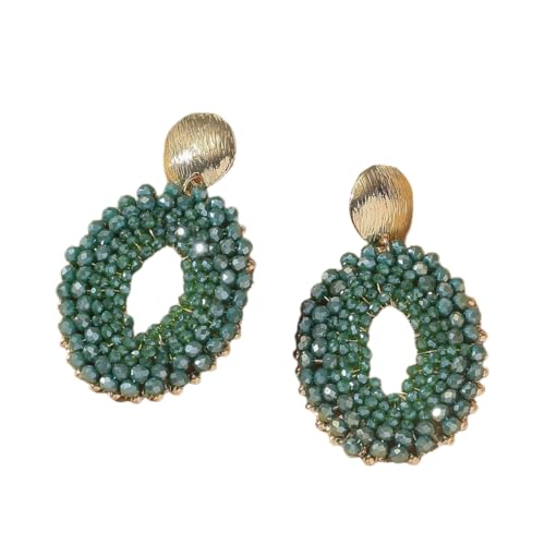 Bohemia Statement Bunte Tropfen Ohrringe, Handgefertigt, Ovale Scheiben Ohrstecker Aus Rocailles Perlen, Boho Perlenschmuck für Frauen und Mädchen, Grün von Generisch