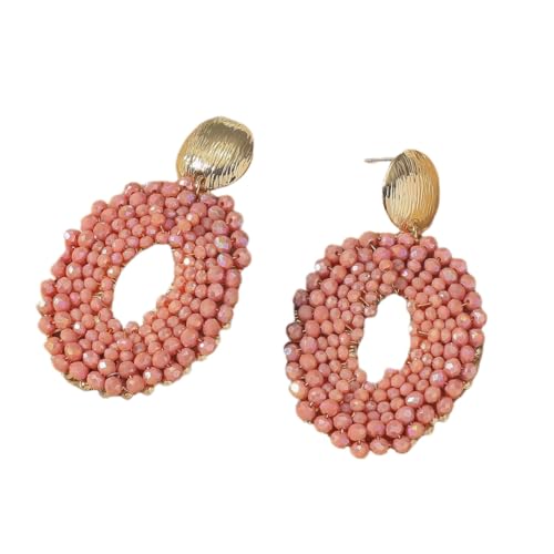 Bohemia Statement Bunte Tropfen Ohrringe, Handgefertigt, Ovale Scheiben Ohrstecker Aus Rocailles Perlen, Boho Perlenschmuck für Frauen und Mädchen, Rosa von Generisch