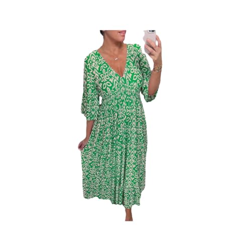 Bohemian Casual Print V-Ausschnitt Taille Wrap Langes Kleid 3/4 Ärmel Kleid für Frauen Langes Freizeitkleid für Frauen, grün, XX-Large von Generisch