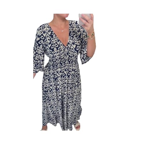 Bohemian Casual Print V-Ausschnitt Taille Wrap Langes Kleid 3/4 Ärmel Kleid für Frauen Langes Freizeitkleid für Frauen, marineblau, L von Generisch
