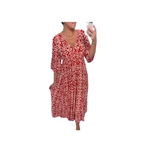 Bohemian Casual Print V-Ausschnitt Taille Wrap Langes Kleid 3/4 Ärmel Kleid für Frauen Langes Freizeitkleid für Frauen, rot, X-Large von Generisch