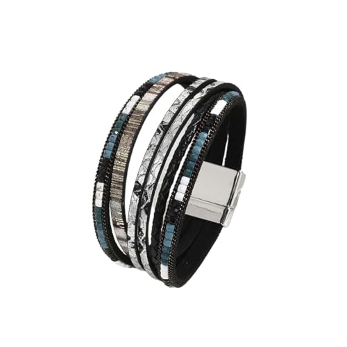 Boho-Armband aus mehrlagigem geflochtenem Leder, silberner Magnetverschluss, Seilarmband, Schmuck, personalisiertes Geschenk für Männer und Frauen, Schwarz von Generisch