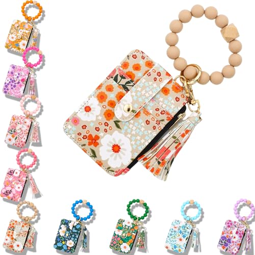 Boho Beaded Keychain Wallet for Women, Wristlet Card Holder with Tassel & Flower Pattern, Small Coin Purse (Light Brown) von Generisch