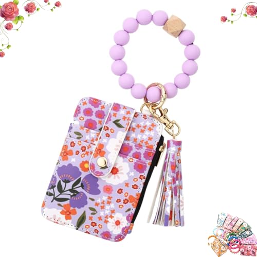 Boho Beaded Wallet Keychain, Women's Boho Beaded Wallet, Wristband Accessories with Flower Fruit Pattern,Women's BohoBeaded Wallets - with Flower Pattern (Light Purple) von Generisch