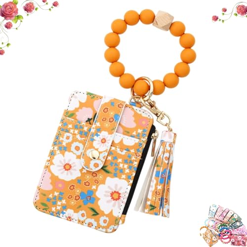 Boho Beaded Wallet Keychain, Women's Boho Beaded Wallet, Wristband Accessories with Flower Fruit Pattern,Women's BohoBeaded Wallets - with Flower Pattern (Yellow) von Generisch