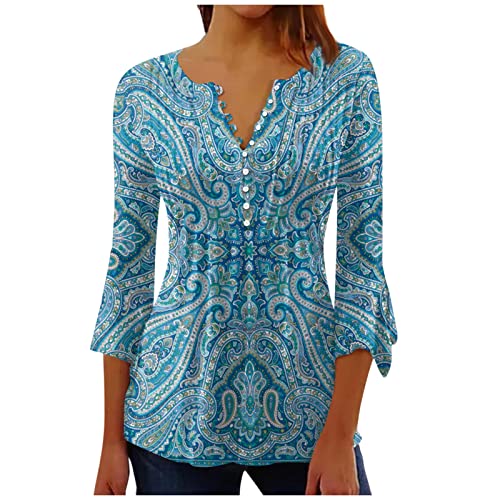 Boho Bluse, Oversized Tshirt Damen Sportshirt Kurzarm T-Shirt Sommer Oberteil Damen T-Shirts & Blusen Für Top Festliche Oberteile Zur Hochzeit Musselin Bluse Blusenshirt Henley (Blau,L) von Generisch