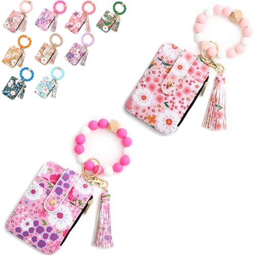 Boho-Geldbörse Für Damen Mit Blumenmuster, Geldbörse Im Boho-Stil Mit Perlen Und Quastenverzierung, Schlüsselanhänger Mit Handgelenkband, Kartenetui Für Damen (2Pcs-#b) von Generisch