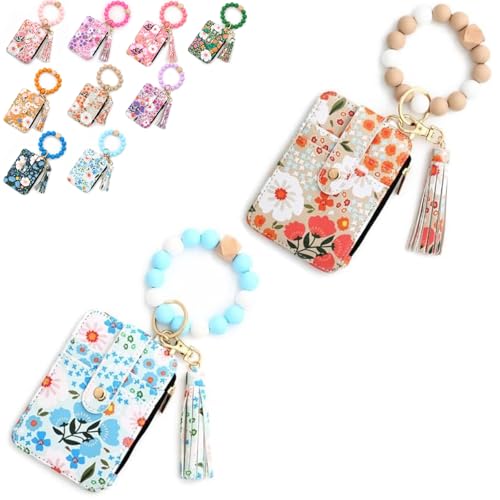 Boho-Geldbörse Für Damen Mit Blumenmuster, Geldbörse Im Boho-Stil Mit Perlen Und Quastenverzierung, Schlüsselanhänger Mit Handgelenkband, Kartenetui Für Damen (2Pcs-#c) von Generisch