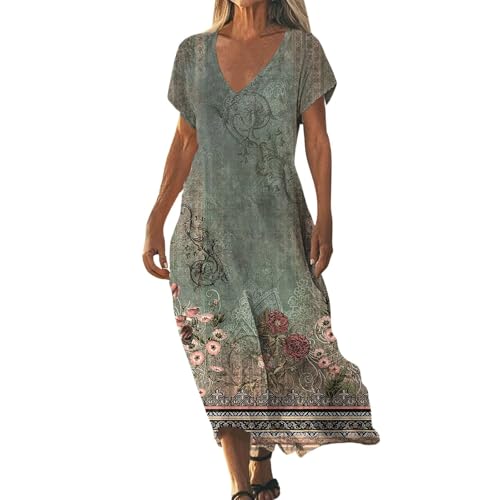 Boho Kleid Damen, Strandkleid Damen Lang Vintage a Linie V Ausschnitt Tunikakleid Sommer Blümchenkleid Maxikleid Strandmode Sommerkleider Leicht und Luftig Vintage Shirtkleid, Militärgrün, XL von Generisch