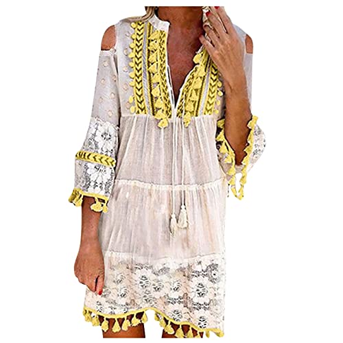 Boho Kleid Damen Kurz Sommerkleid Damen Elegant Locker Ibiza Style Lochstickerei Kleider Sommerkleider Leicht und Luftig Damenkleider Cold Shoulder Weite Strandkleid Quasten 3/4 Ärmel von Generisch