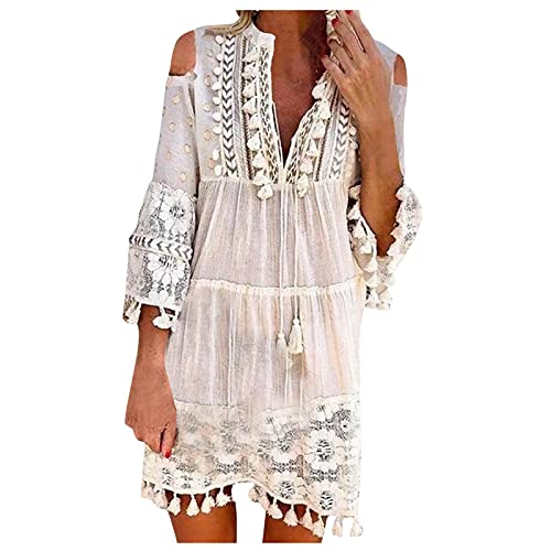 Boho Kleid Damen Kurz Sommerkleid Damen Elegant Locker Ibiza Style Lochstickerei Kleider Sommerkleider Leicht und Luftig Damenkleider Cold Shoulder Weite Strandkleid Quasten 3/4 Ärmel von Generisch