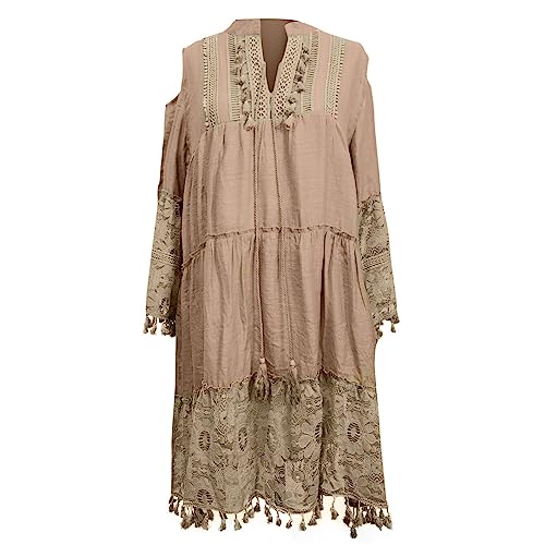Boho Kleid Damen Kurz Sommerkleid Damen Elegant Locker Ibiza Style Lochstickerei Kleider Sommerkleider Leicht und Luftig Damenkleider Cold Shoulder Weite Strandkleid Quasten 3/4 Ärmel von Generisch